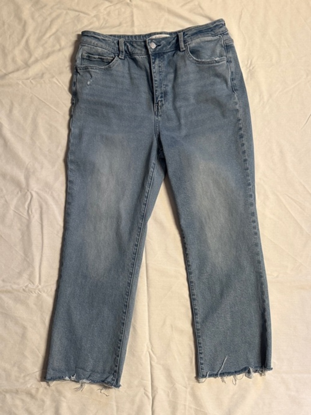 High-Rise Cropped Straight Jeans with Raw Hem and Light Distressing